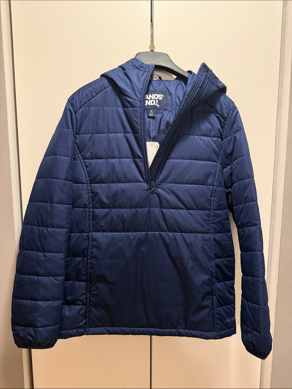 Lands' End Blue Quilted Hooded Half-Zip Pullover